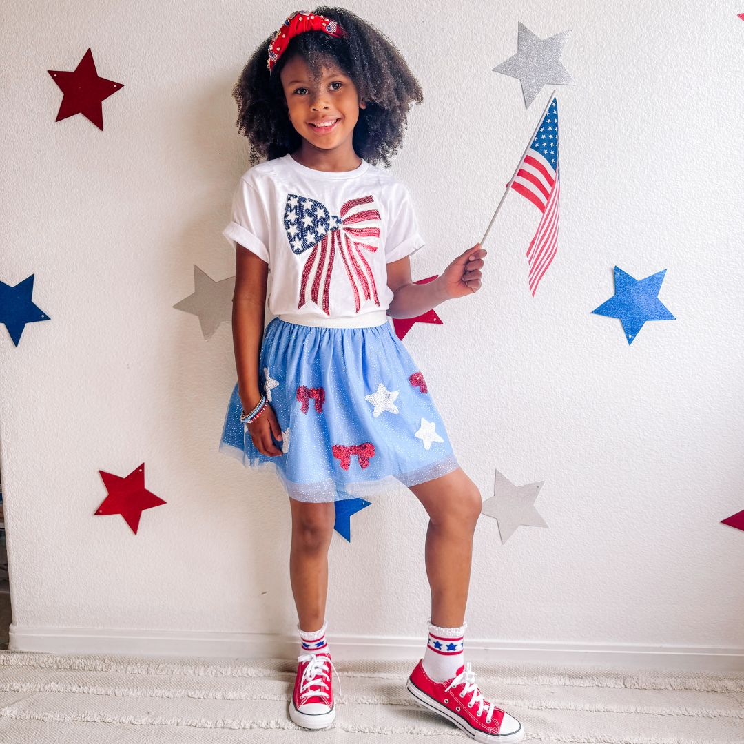 Patriotic Sequin Bow Patch Short Sleeve T-Shirt