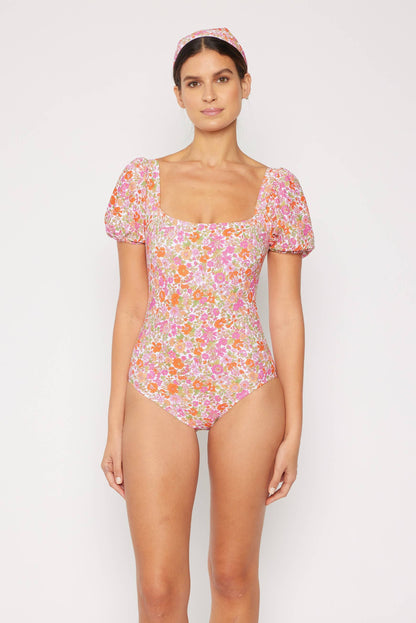Adult Pink Floral Puff Sleeve One Piece