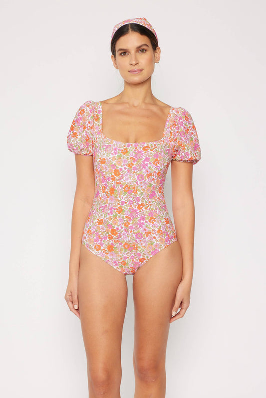 Adult Pink Floral Puff Sleeve One Piece
