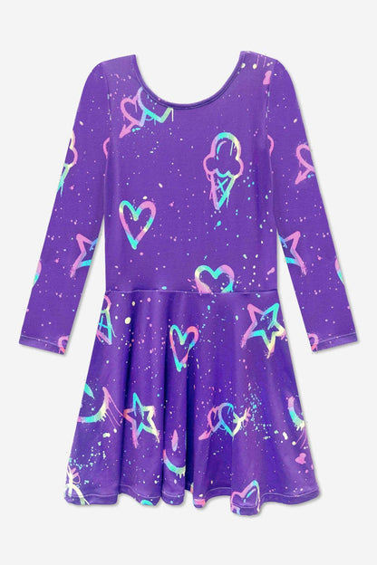 Purple Graffiti Rainbow Simply Soft Long Sleeve Skater Dress