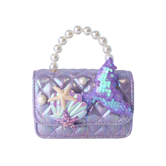 Purple Mermaid Quilted Purse with Pearl Handle.   Comes with detachable gold chain strap.    Dimensions: 5.5" Length x 4" Height x 2" Width.