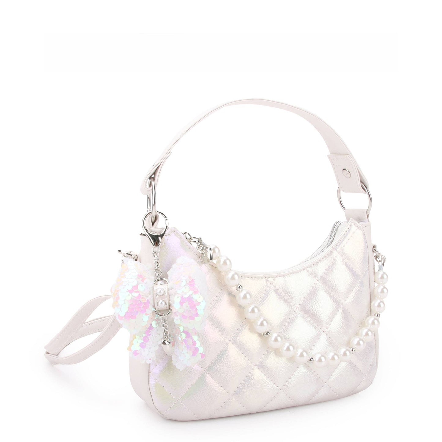 Metallic Quilted Bag with Pearl Chain