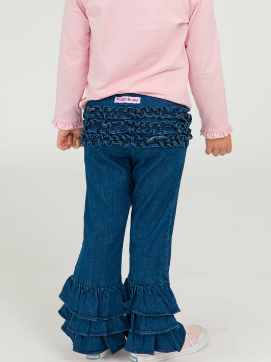 Stretch Denim Flare Pants with Ruffles