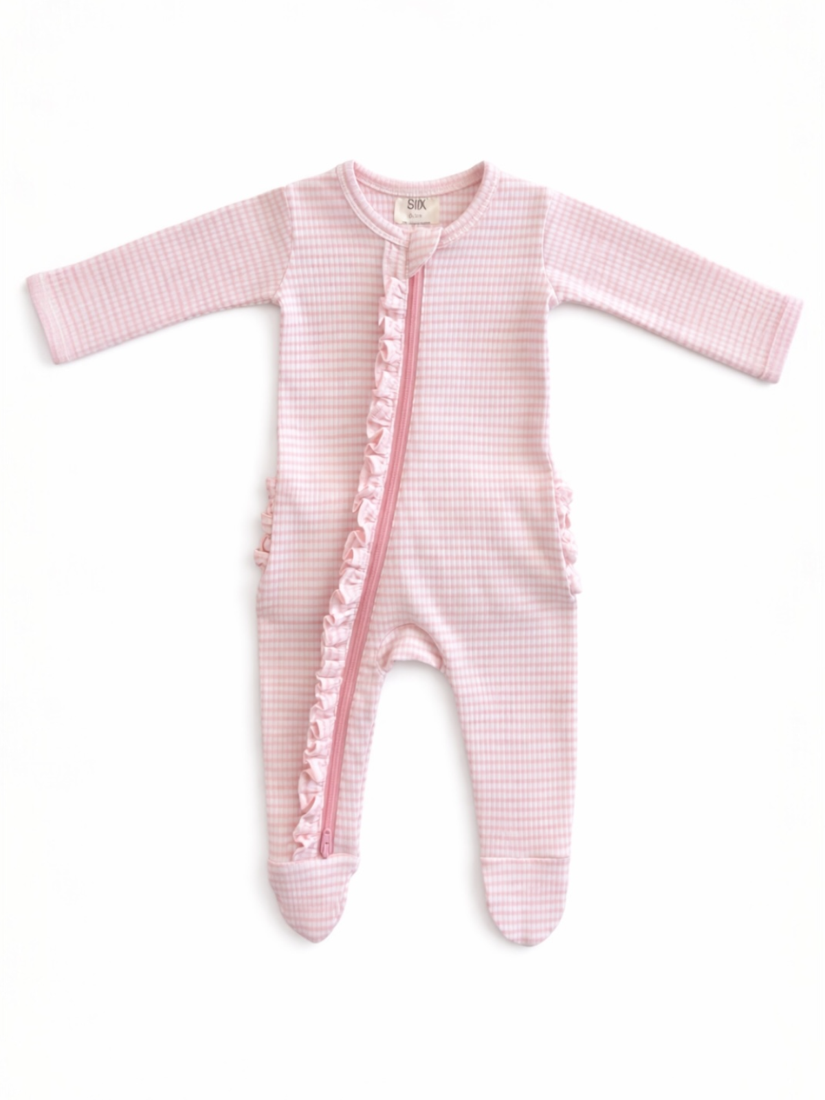 Pink Stripe Ribbed Frill Zipper Footie
