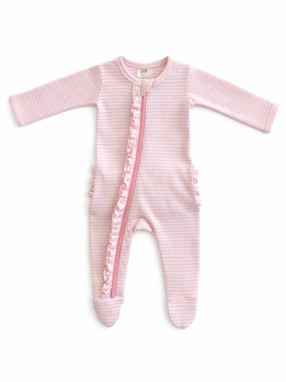 Pink Stripe Ribbed Frill Zipper Footie