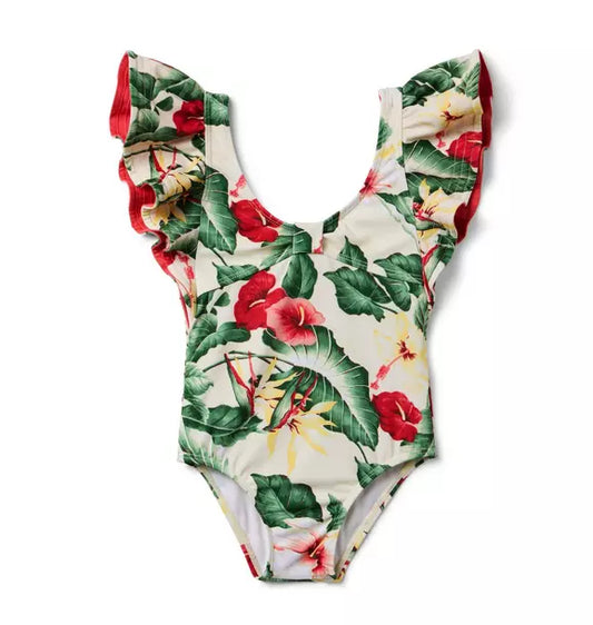 Janie and Jack Recycled Tropical Floral Ruffle Sleeve Swimsuit