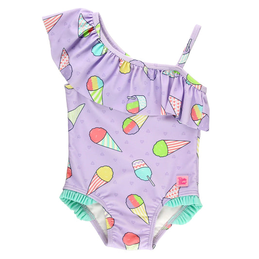 This Snow Cone One Shoulder Ruffle One Piece Suit is a perfect vacay look. With it's stylish shoulder detail and fun colors, your little one will be looking her best while having fun in the water. Keep her also safe from the sun with this sun protected fabric!  80% Nylon, 20% Spandex. UPF 50+ sun protective fabric. 