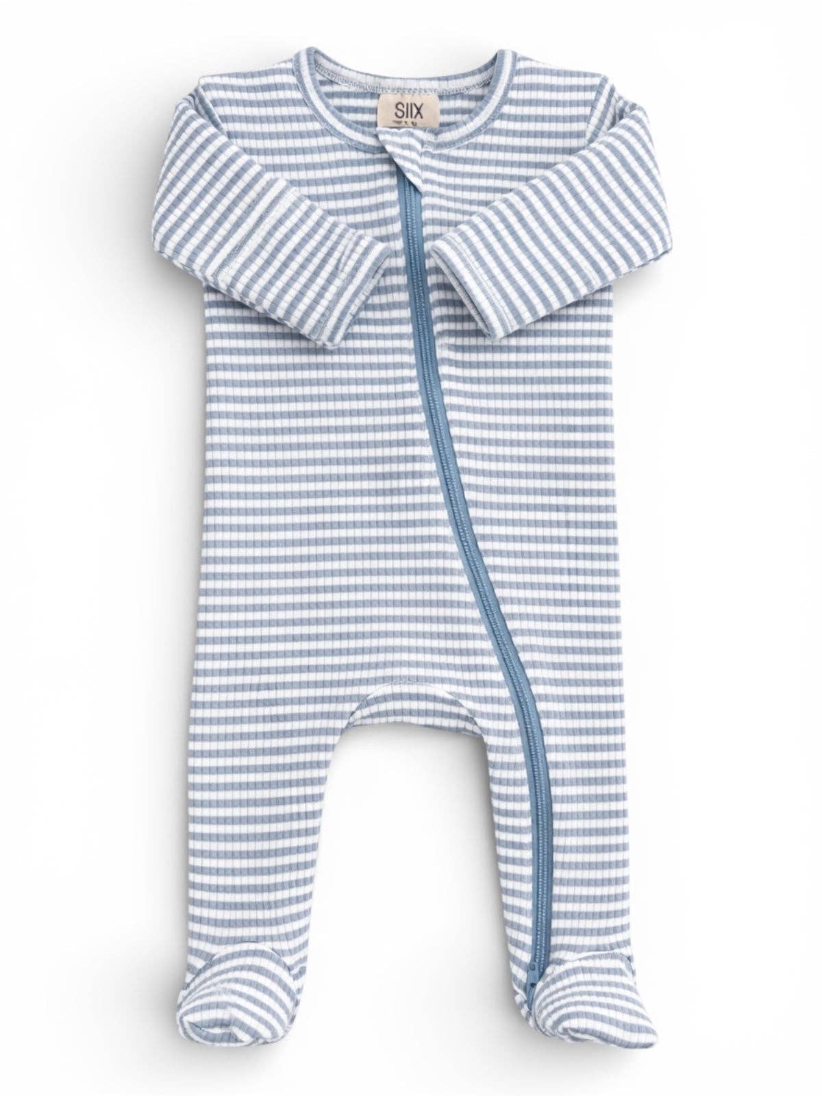 Dusty Blue Stripe Ribbed Cotton Zipper Footie