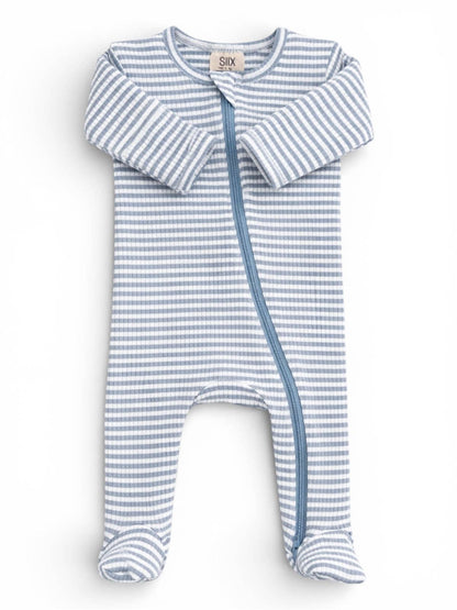Dusty Blue Stripe Ribbed Cotton Zipper Footie