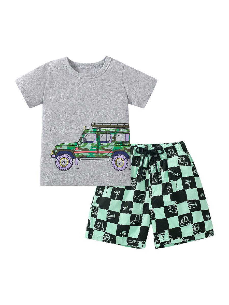 Teal Checkered Truck Tee + Shorts Set