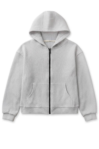 Grey Waffle Knit Zip-Up Jacket