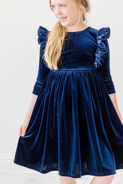 Navy Ruffle Velvet Twirl Dress