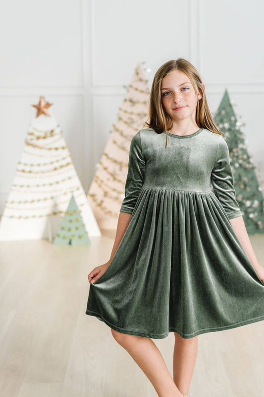 Sage Velvet 3/4 Sleeve Twirl Dress
