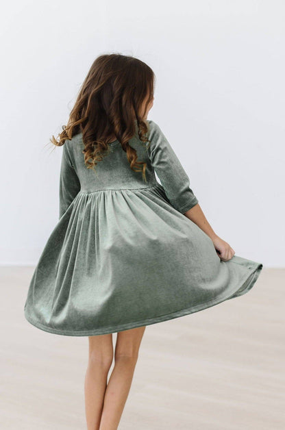 Sage Velvet 3/4 Sleeve Twirl Dress