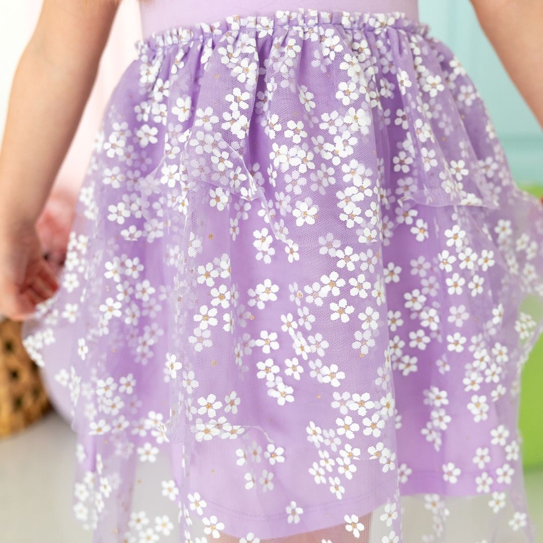 Lavender Ditsy Daisy Tiered Short Sleeve Tutu Dress