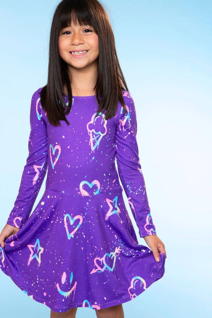 Purple Graffiti Rainbow Simply Soft Long Sleeve Skater Dress