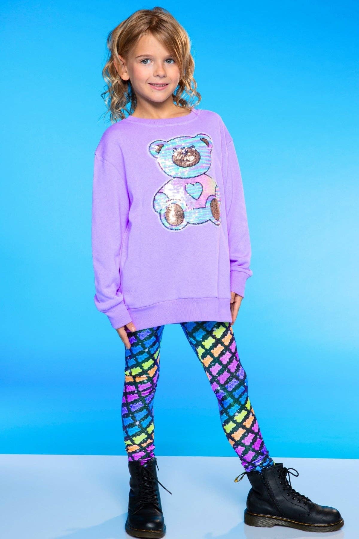 Cotton Soft French Terry Oversized Sweatshirt in Neon Violet Sequin Bear