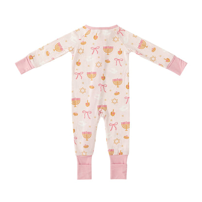 Pretty In Pink Hanukkah Bamboo Convertible Zip Footie