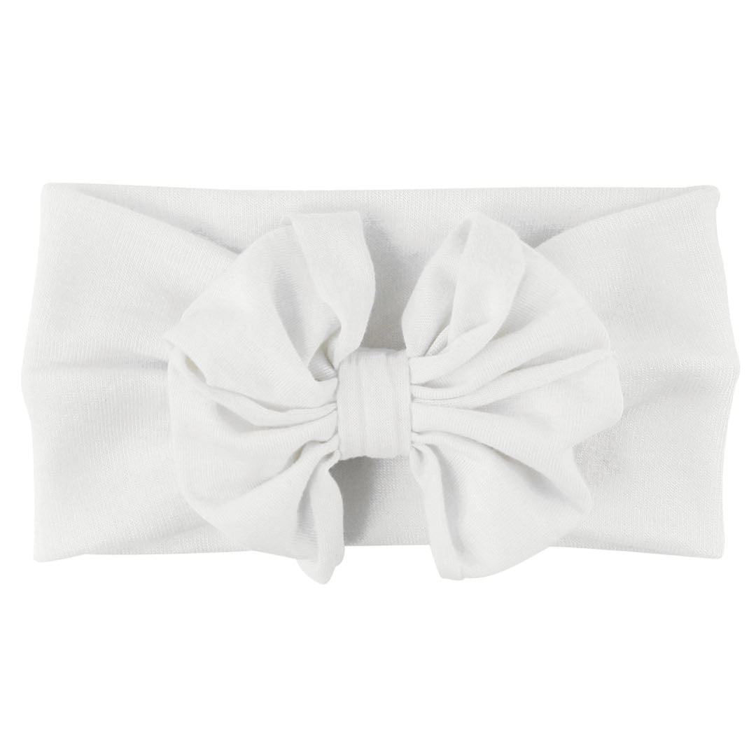 Complete your little's adorable ensemble with our White Big Bow Headband. Crafted with care and attention to detail, this headband features a large, beautiful bow that adds a touch of sweetness to any hairstyle. Made from soft and stretchy fabric, it ensures a comfortable fit while effortlessly elevating her look with a dose of cuteness.  One size fits baby + toddler. 