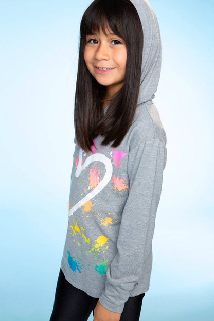 Heather Grey Rainbow Heart Modal Knit Hoodie Pullover with Thumbholes