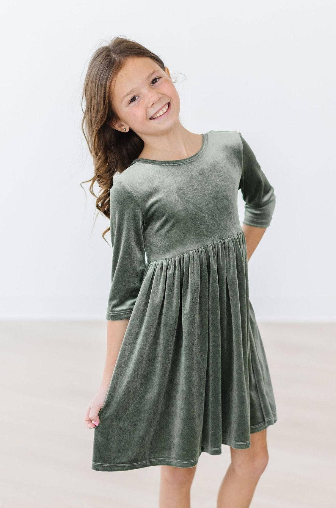 Sage Velvet 3/4 Sleeve Twirl Dress