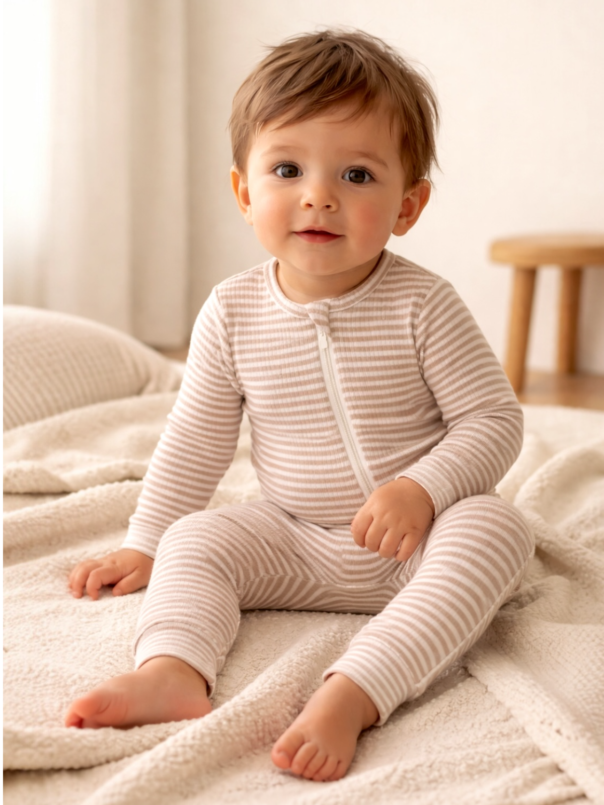 Tan Stripe Ribbed Zipper Romper
