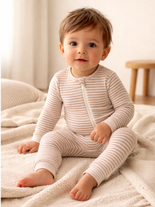 Tan Stripe Ribbed Zipper Romper