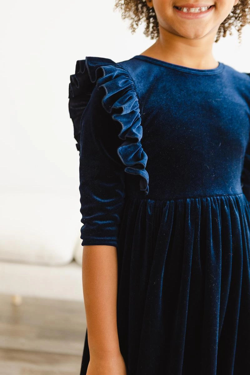 Navy Ruffle Velvet Twirl Dress