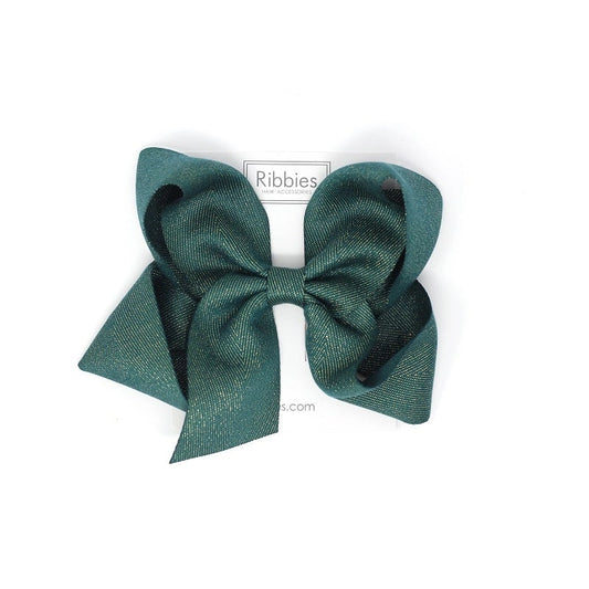 Sparkly Forest Green Extra Large Bow made from 2" twill cotton wide ribbon on a strong alligator clip with no slip foam grip. Measures 6" across. Lightweight and comfortable for any age!  Handmade. Women Owned. Eco-friendly.