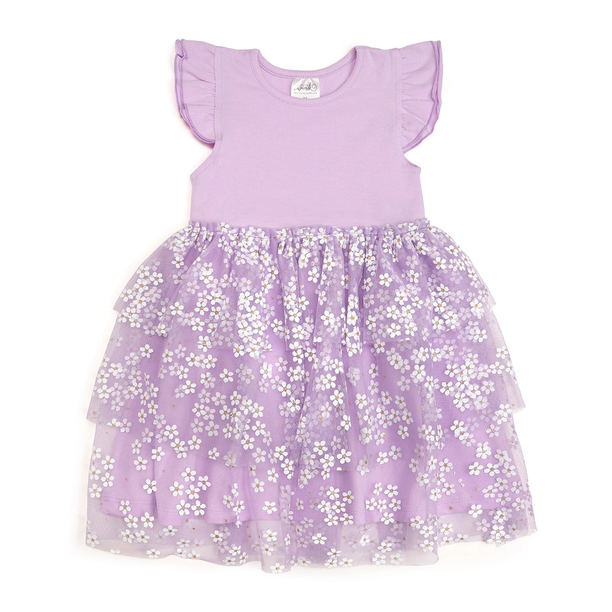 Lavender Ditsy Daisy Tiered Short Sleeve Tutu Dress