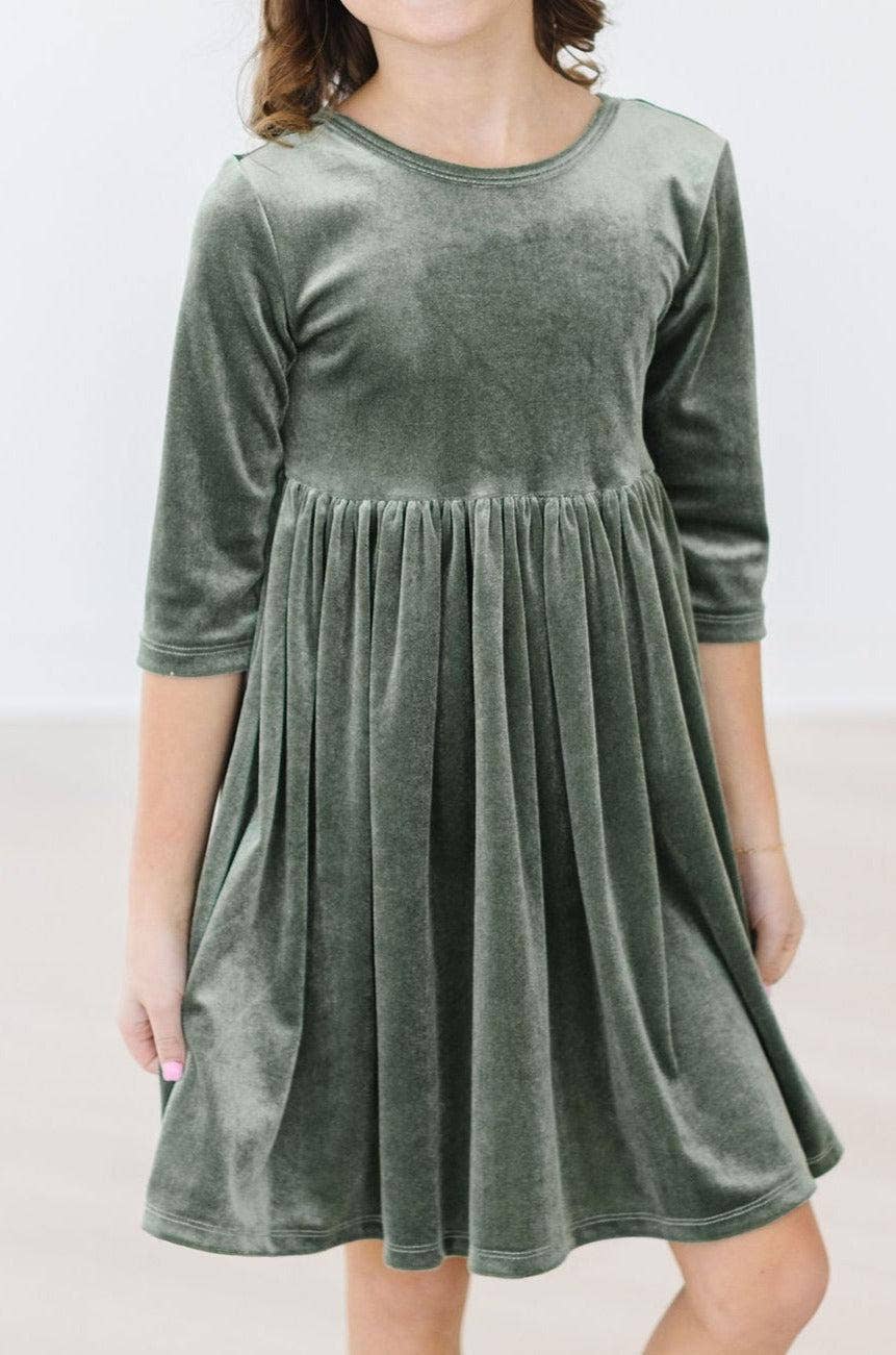 Sage Velvet 3/4 Sleeve Twirl Dress