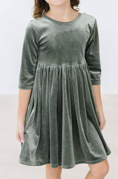 Sage Velvet 3/4 Sleeve Twirl Dress