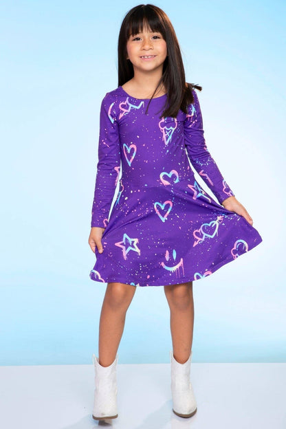 Purple Graffiti Rainbow Simply Soft Long Sleeve Skater Dress