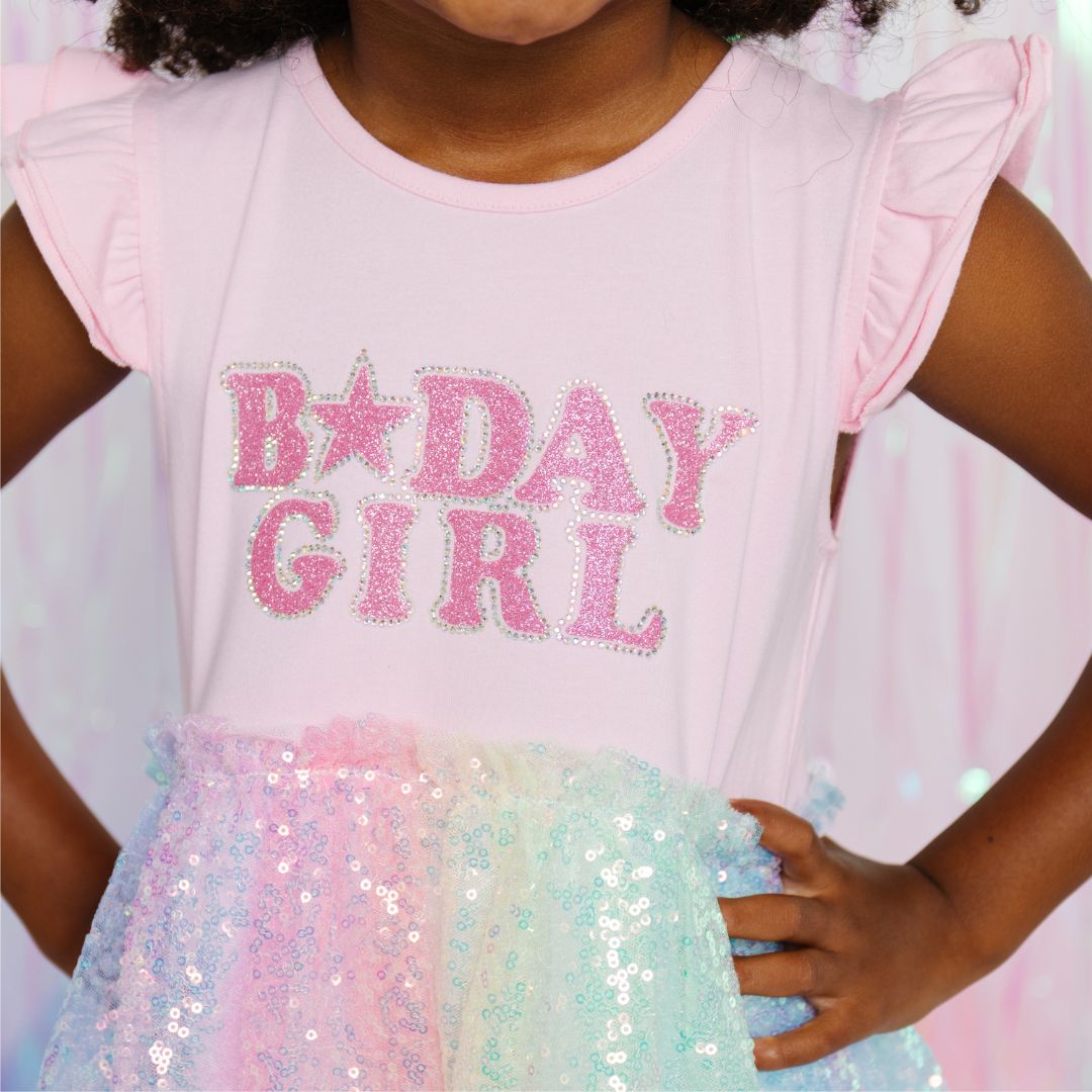 Birthday Girl Patch Rainbow Ombre Sequin S/S Tutu Dress