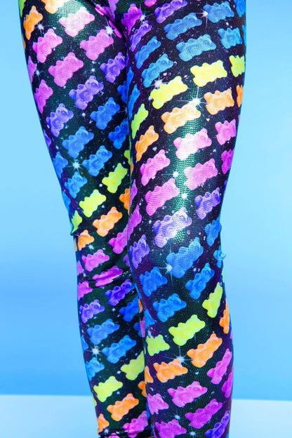 Glitter Foil High Shine Legging in Black Sparkle Rainbow Gummy Bear