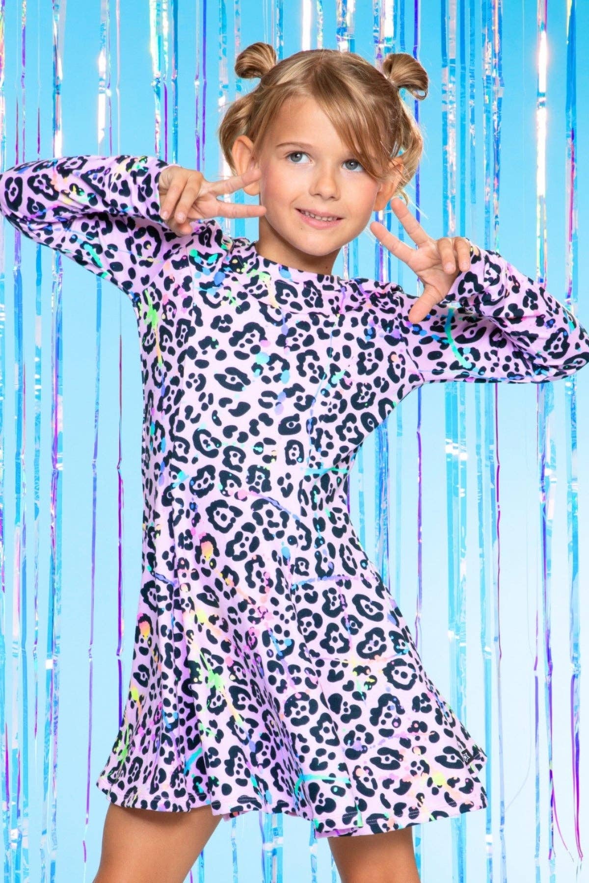 Simply Soft Long Sleeve Twirl Dress in Neon Pink Leopard Splatter