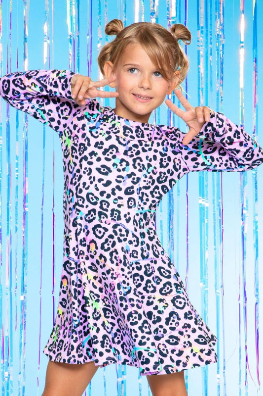 Simply Soft Long Sleeve Twirl Dress in Neon Pink Leopard Splatter