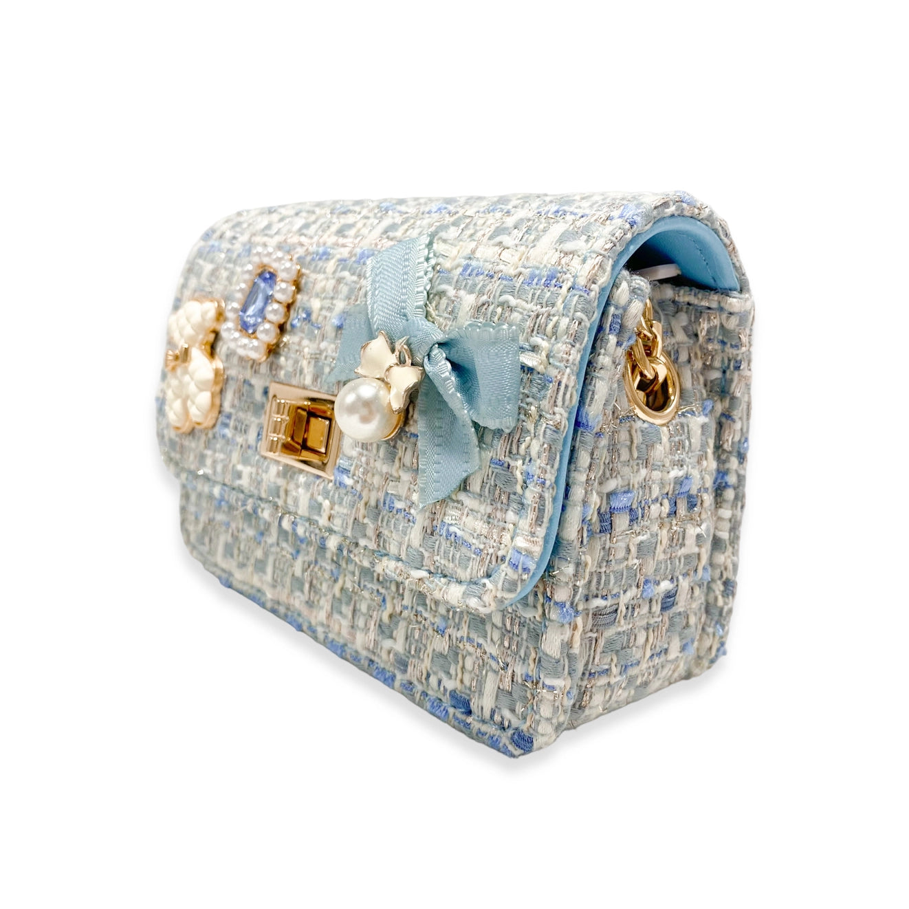 Blue Teddy Charms Tweed Purse with Gold Chain Strap