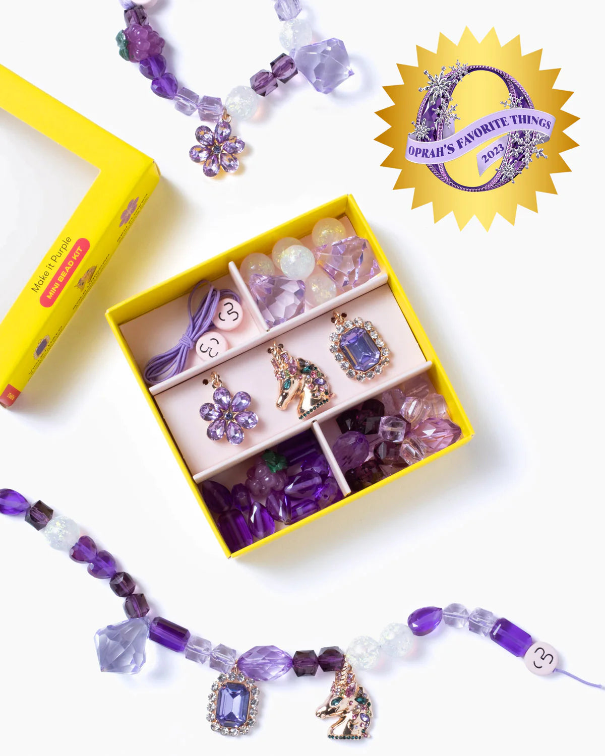 Elevate your creations with the Super Smalls Make It Purple Mini Bead Kit! Packed with an assortment of dazzling purple beads, this kit is perfect for crafting unique jewelry. Plus, it comes with three super special charms — a violet halo for inner strength, a golden unicorn to remind you of your unique magic, and a gem flower symbolizing love, hope, and triumph! Add a splash of purple magic to your crafting journey!