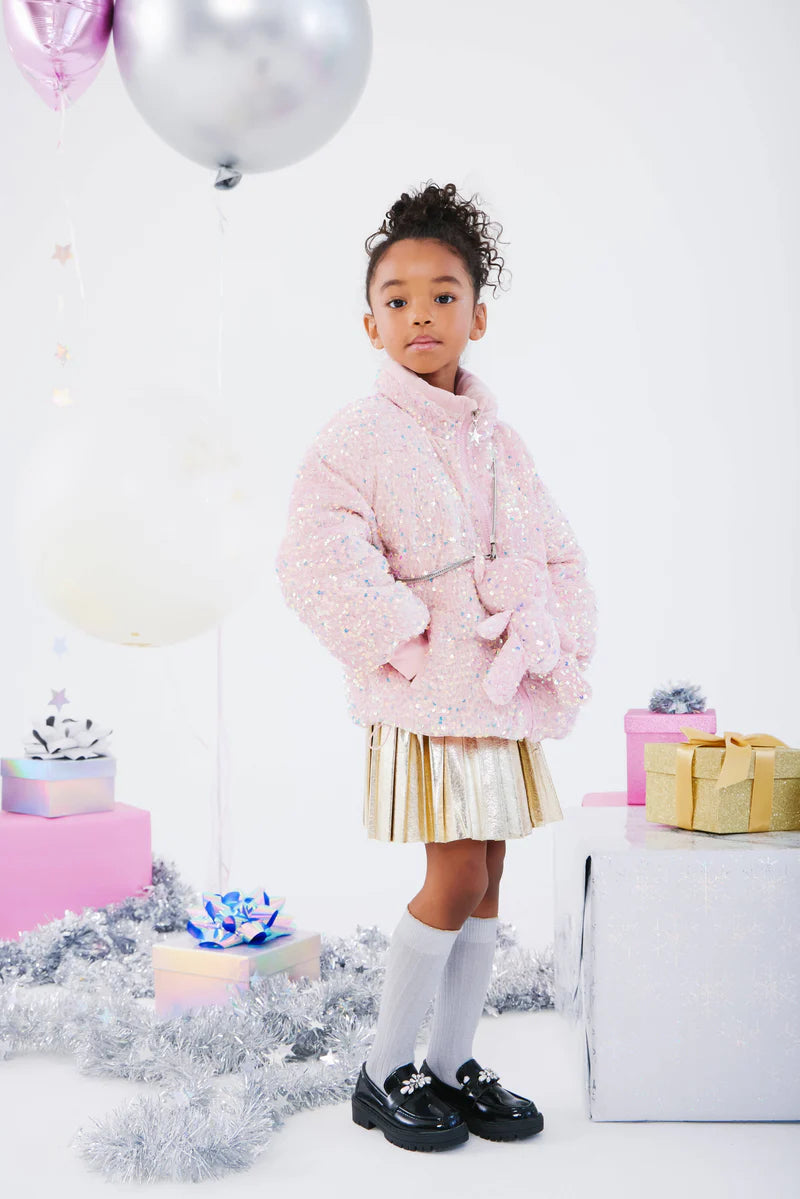 Pink Sequin Puffer Coat With Bear Purse