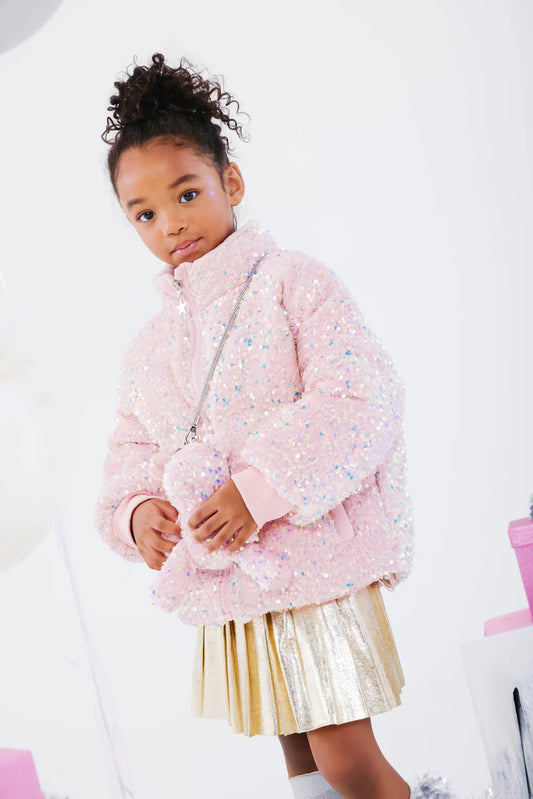 Pink Sequin Puffer Coat With Bear Purse