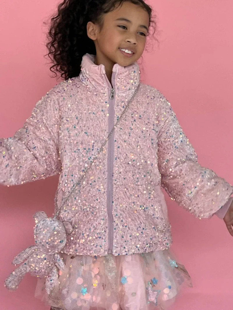 Pink Sequin Puffer Coat With Bear Purse