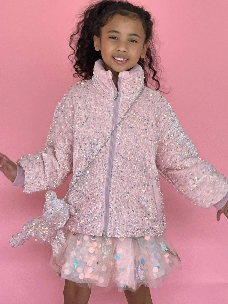 Pink Sequin Puffer Coat With Bear Purse