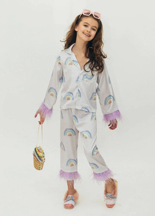 Lola + The Boys Rainbow Feather Trims Silky Pajamas. This soft silky set with feather trim make this the coolest look to go out in or lounge!