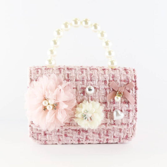 Tulle Floral Pink Tweed Purse with Pearl Handle