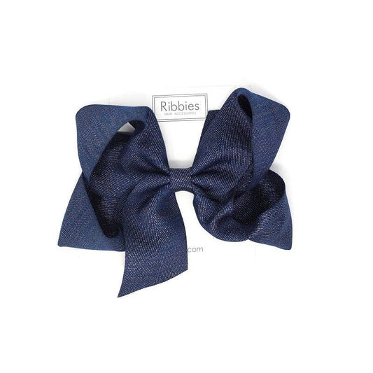 Sparkly Navy Extra Large Bow made from 2" twill cotton wide ribbon on a strong alligator clip with no slip foam grip. Measures 6" across. Lightweight and comfortable for any age!   Handmade. Women Owned. Eco-Friendly. 